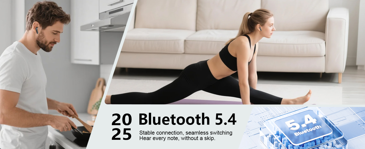 Text reads '20 Bluetooth 5.4 25'. Split image showing workout scene with person exercising near couch and technical illustration with blue connectivity symbols.