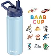 baab 18 oz Kid Water Bottle, Insulated Water Bottle with Straw & Stickers, 18/8 Stainless Steel V...