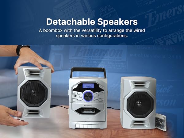 Emerson EPB-4000 CD Player Boombox with cassette and Radio features detachable speakers with wiring