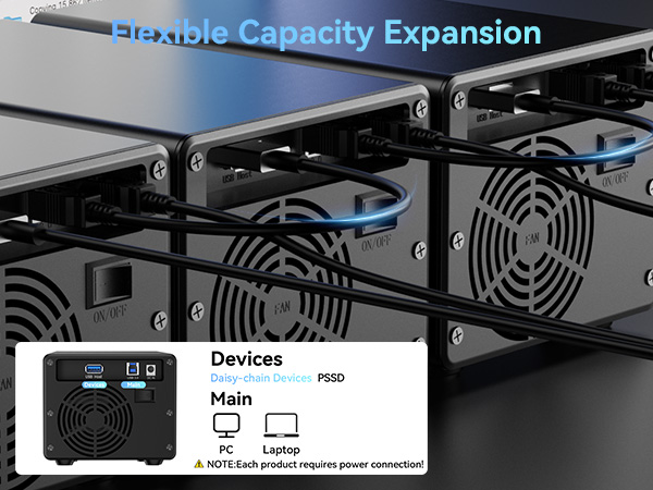 Stackable data storage devices with multiple fan vents. Inset shows connection options for main device and laptop. Text indicates flexible capacity expansion and power connection requirement.