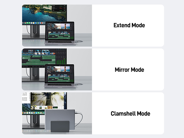Three display modes for a multi-screen setup: Extend Mode, Mirror Mode, and Clamshell Mode, shown with laptops and external monitors.