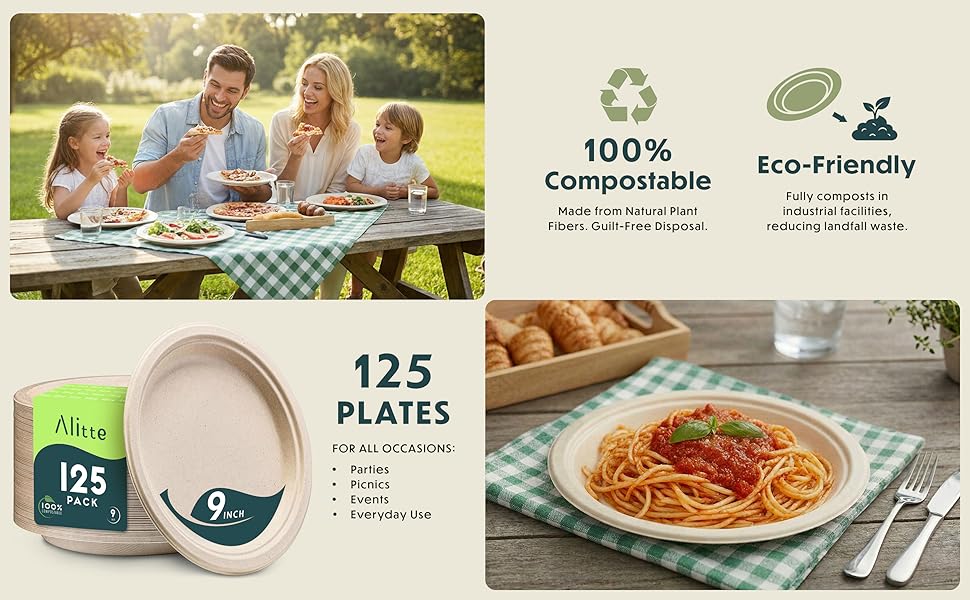 Compostable paper plates made from biodegradable materials for everyday use and parties