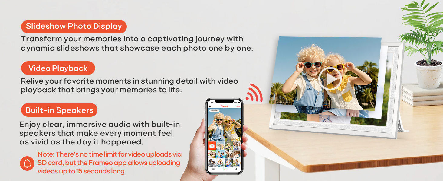 frameo digital picture photo video frame smart wifi HD IPS touch screen slideshow 32GB auto rotate