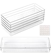 6 Pcs Large Clear Plastic Drawer Organizers Tray 15" x 6.3" Storage Bins with 25 Pcs Non-Slip Pad...