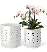 BUYMAX Ceramic Orchid Pots with Holes, 5 Inch+6 Inch Orchid Planter with Drainage Holes and Tray,...