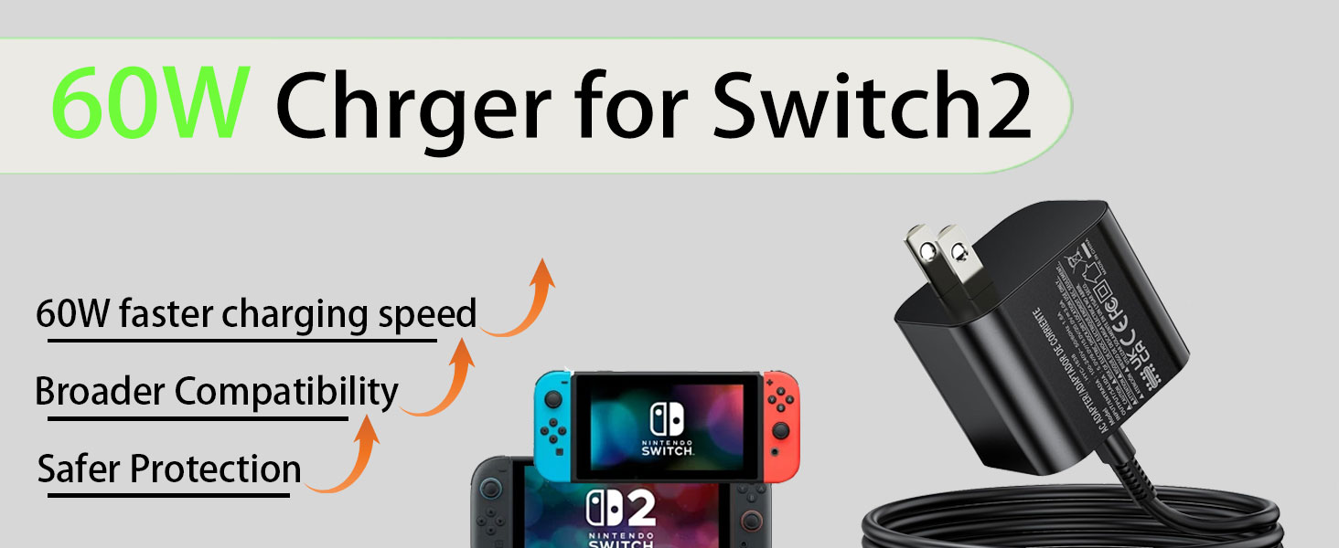 60w Charger for Nintendo Switch 2 Charger 20V 3A Power AC Adapter Fast Charging with 5FT USB C Cord