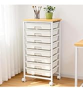 OUKMIC Rolling Storage Cart with 8 Drawers, Utility Cart with Wooden Tabletop and Lockable Wheels...