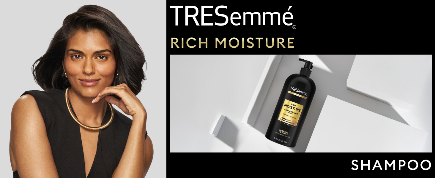 Woman with beautiful healthy-looking hair next to an image of product's bottle.