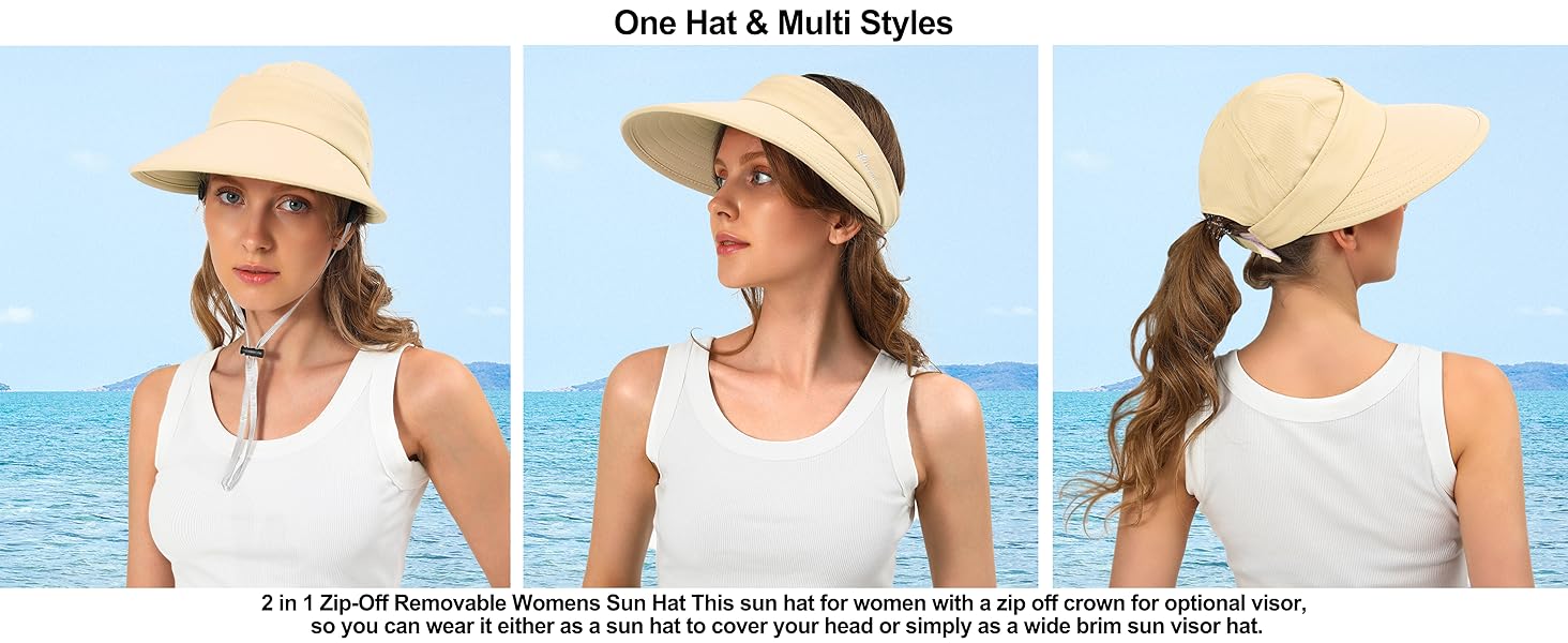 2 in 1 zip-off removalbe women sun hat,one hat and multi styles,Perfect for any occasion and outfit