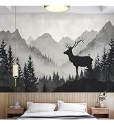 AM AMAONM 63x89.8inch Large Abstract Mountain Landscape with Deer Wall Art Print, Black Grey Fore...