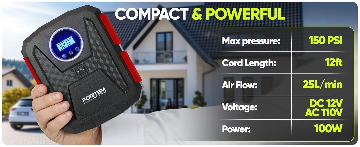 Compact yet powerful inflator with 150 PSI, 12ft cord, and fast 25L/min airflow for any setup.