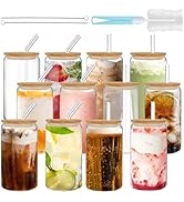 GIVAMEIHF Drinking Glasses with Bamboo Lids and Glass Straw 12pcs,16oz Glass Cups with Lids and S...