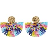 COIRIS Bohemia Beaded Fringe Statement Earrings with Long Dangling Tassel Raffia Earrings for Women