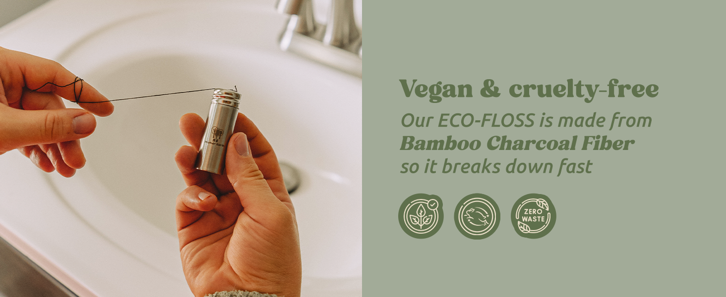 vegan bamboo charcoal dental floss refillable steel container candelilla wax oral care