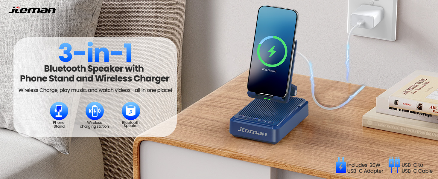 Jteman Cell Phone Stand with Bluetooth Speaker and Wireless Charger