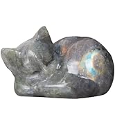 Hguxmcu Crystal Cat Figurine Decor, Labradorite Sleeping Cat Sculpture, 2.1 Inch Hand Carved Natu...
