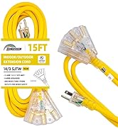 HONDERSON 15FT Lighted Outdoor Extension Cord with 3 Power Outlets,14/3 SJTW Heavy Duty Yellow Ex...