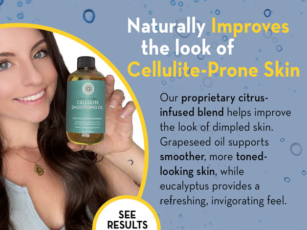 Woman holding a bottle of cellulite smoothing oil promoting its skin-toning benefits.