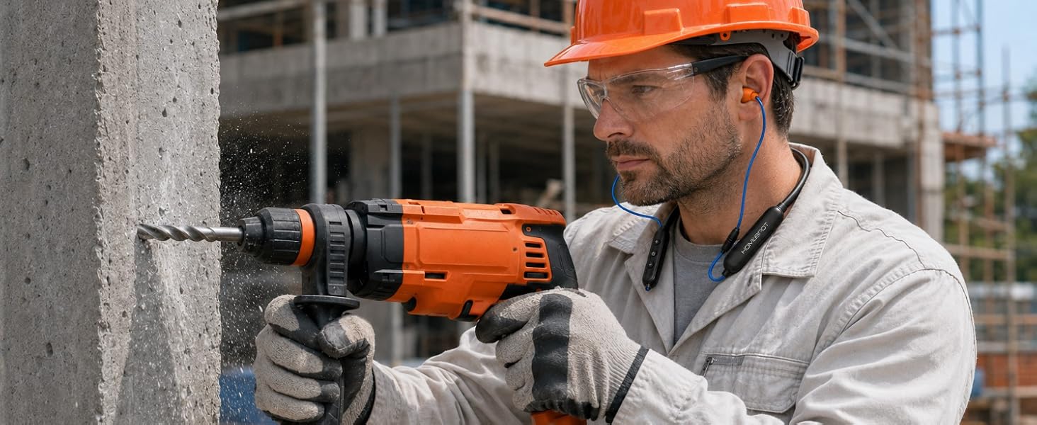 A man wearing the HomeSpot Neckband while drilling at Construction Site