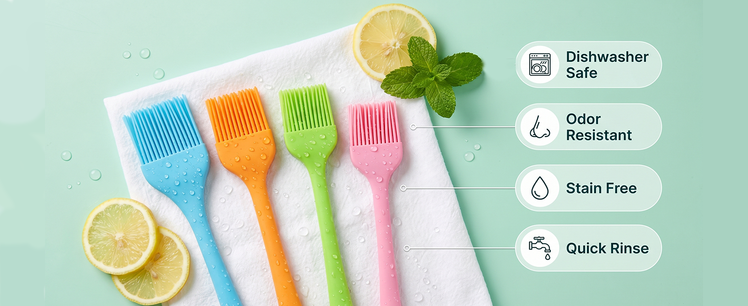 Four wet silicone basting brushes on towel with dishwasher safe and odor resistant icon badges