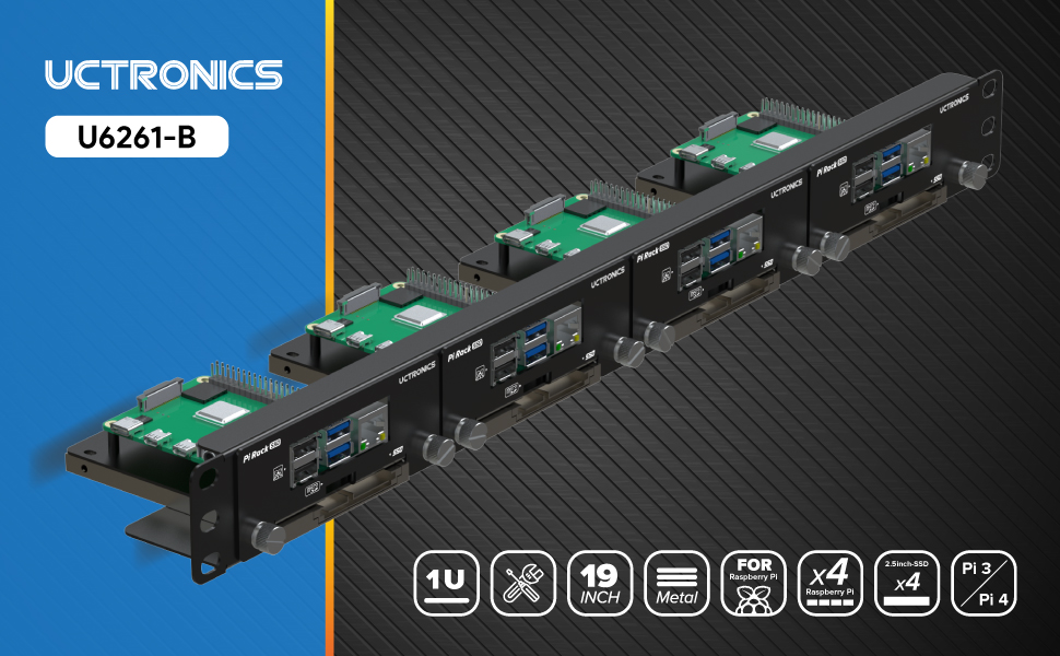UCTRONICS U6261 Upgraded Raspberry Pi 1U Rack Mount with SSD mounting brackets.