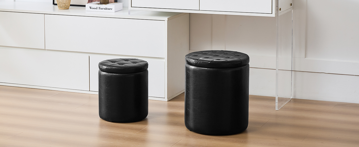 oakvivo Round Ottoman Foot Stool with Storage Set of 2, Storage Ottoman, Faux Leather Footstool