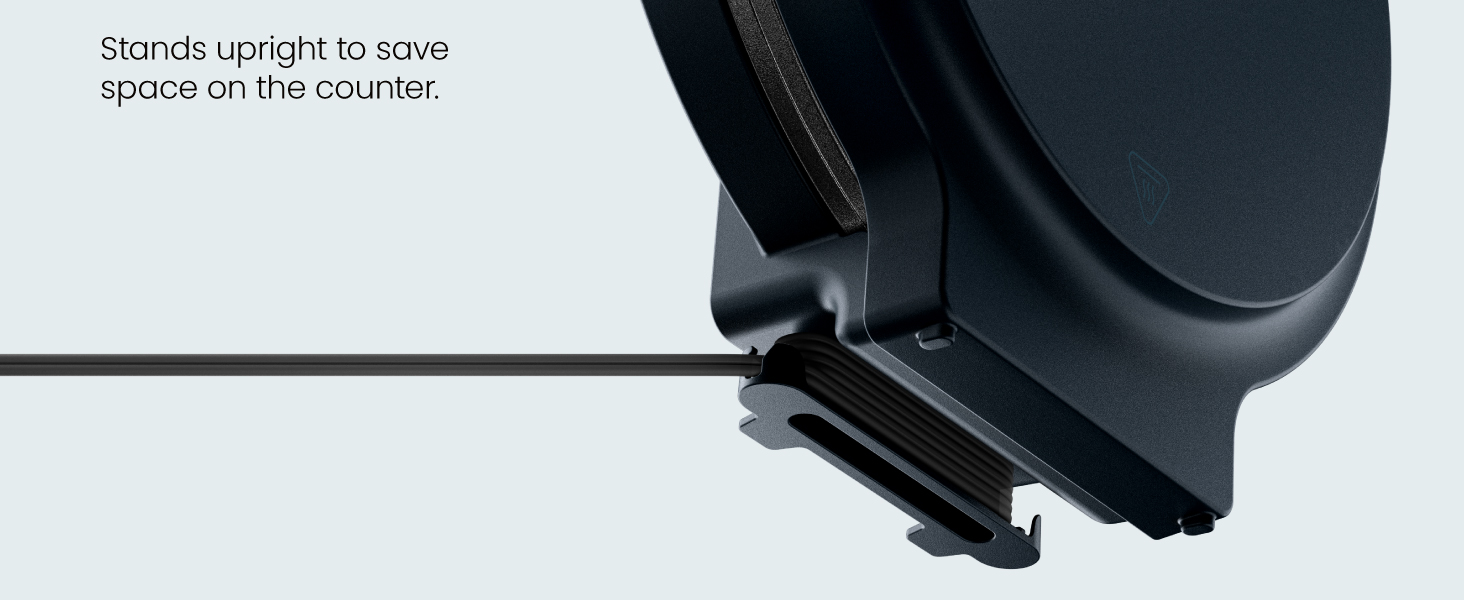 Stands upright to save space on the counter