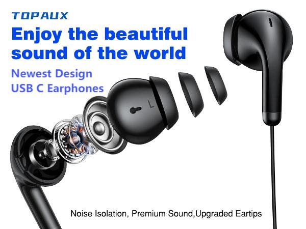 TOPAUX Wired Earbuds USB C Headphone for iPhone 16e 16 Pro Max 15 Plus Noise Canceling HiFi Bass