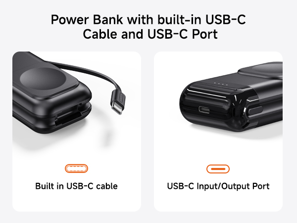 Black portable power bank with built-in USB-C cable and USB-C port. Two images show cable and port details.