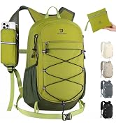 Lime-green hiking backpack with multiple zippered compartments, front elastic straps, and included accessories: water bottle holder, rain cover variations in beige, gray, and black.