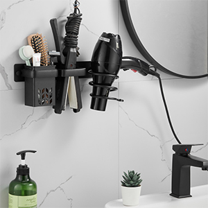 a bathroom with a mirror and a hair dryer