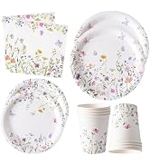 96PCS Wildflower Paper Plates and Napkins, Disposable Floral Plates for Bridal Shower, Garden Par...