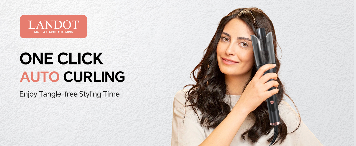 Text reads 'LANDOT AUTO CURLING'. Advertisement showing hair styling tools and demonstration images with text overlay.