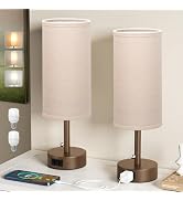 Fenmzee Brown Bedside Table Lamps Set of 2-3 Color Temperatures Pull Chain Lamp with AC Outlet Ch...