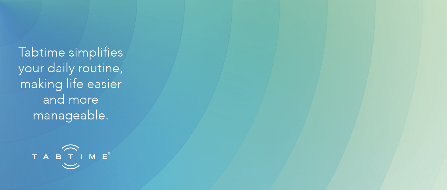 Abstract blue and green gradient background with text: 'Tabtime simplifies your daily routine, making life easier and more manageable.'