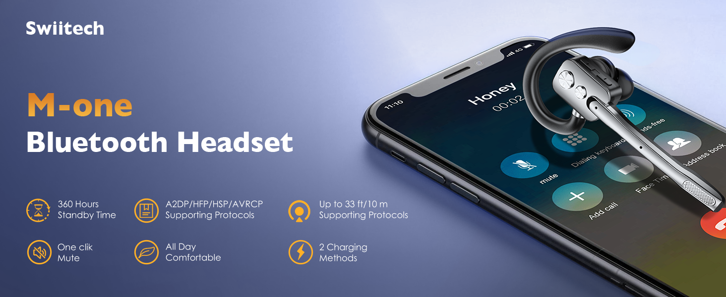 Text reads "Switech M-one Bluetooth Headset" with product image showing white wireless earbuds next to smartphone displaying interface, featuring circular feature icons below.