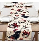 Croar Christmas Gothic Skull Black Cat Dining Table Runner, Creepy Xmas Reindeer Skeleton Gift Ba...
