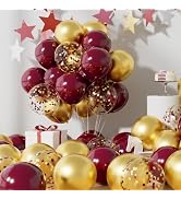 Sulalaboo Metallic Burgundy and Gold Balloons 12 Inch 73PCS Gold Maroon Confetti Latex Balloons S...