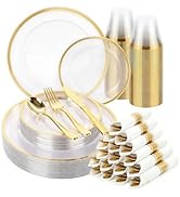 cheerserve 350pcs Plastic Dinnerware Set,Clear and Gold Disposable Plastic Plates for 50 Guests I...