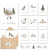 AUDREE Watercolor Woodland Christmas Cards with Envelopes & Matching Stickers (20 Pack 4"x6") - T...