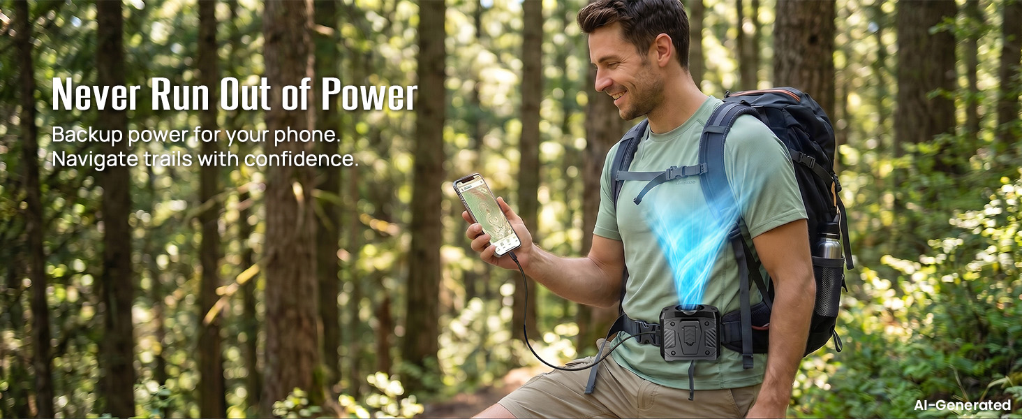 Fan for belt doubles as emergency phone backup power for hiking and outdoor navigation