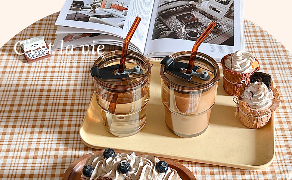 glass tumbler with straw and lid