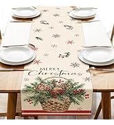 Croar Merry Christmas Pine Basket Dining Table Runner, Xmas Red Berries Snowflake Burlap Kitchen ...