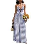 Women's Summer Halter V Neck Backless Striped Maxi Cover Up Dress Sleeveless Tie Back A Line Vaca...