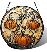 DASTOLL Stained Glass Window Hanging - Halloween Decoration Orange Pumpkin Vine Leaves Suncatcher...