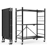 Himix Storage Shelves with 6 Hooks, 3 Tier Foldable Shelf with Wheels, Metal Storage Shelving Uni...