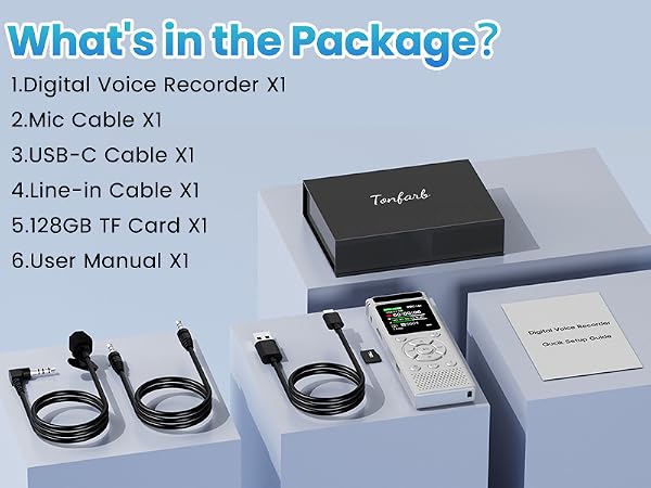 Product List:Digital Voice Recorder/Mic Cable/USB-C Cable/Line-in Cable/128GB TF Card/User Manual