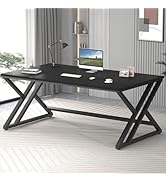 LVB 70.8" Black Computer Desk, Large Industrial Pc Study Home Office Desk, Long Modern Wood Gamin...