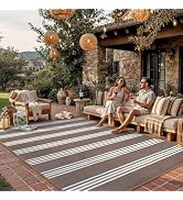 PureCozy Outdoor Waterproof 9x12 Rug for Patio Reversible Plastic Straw Brown Striped Camping Mat...