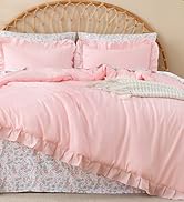 Litanika Queen Size Comforter Sets - 7 Pieces Ruffle Pink Bed in a Bag, Soft Farmhouse Bedding Se...